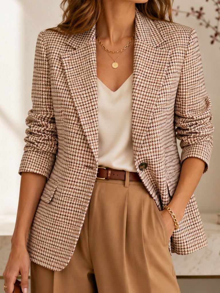 Tyler Boe Taylor Houndstooth Blazer Tan Cream Ruched Sleeve Jacket Nwt 8